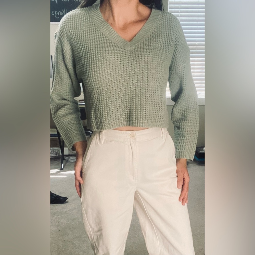 Sage Green Cropped Waffle Knit Sweater Super Cute